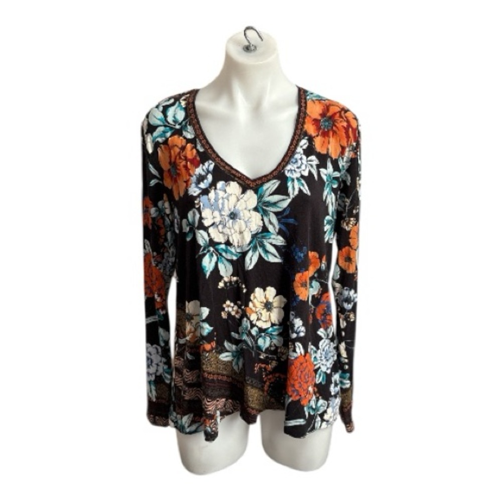 Johnny Was Golden Spring Favorite long-sleeve v-neck swing tee Floral Women’s M
